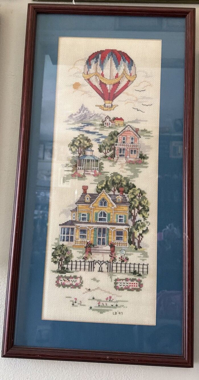A Finished Framed “Small Town Hot Air Balloon” Cross Stitch Framed 12x24